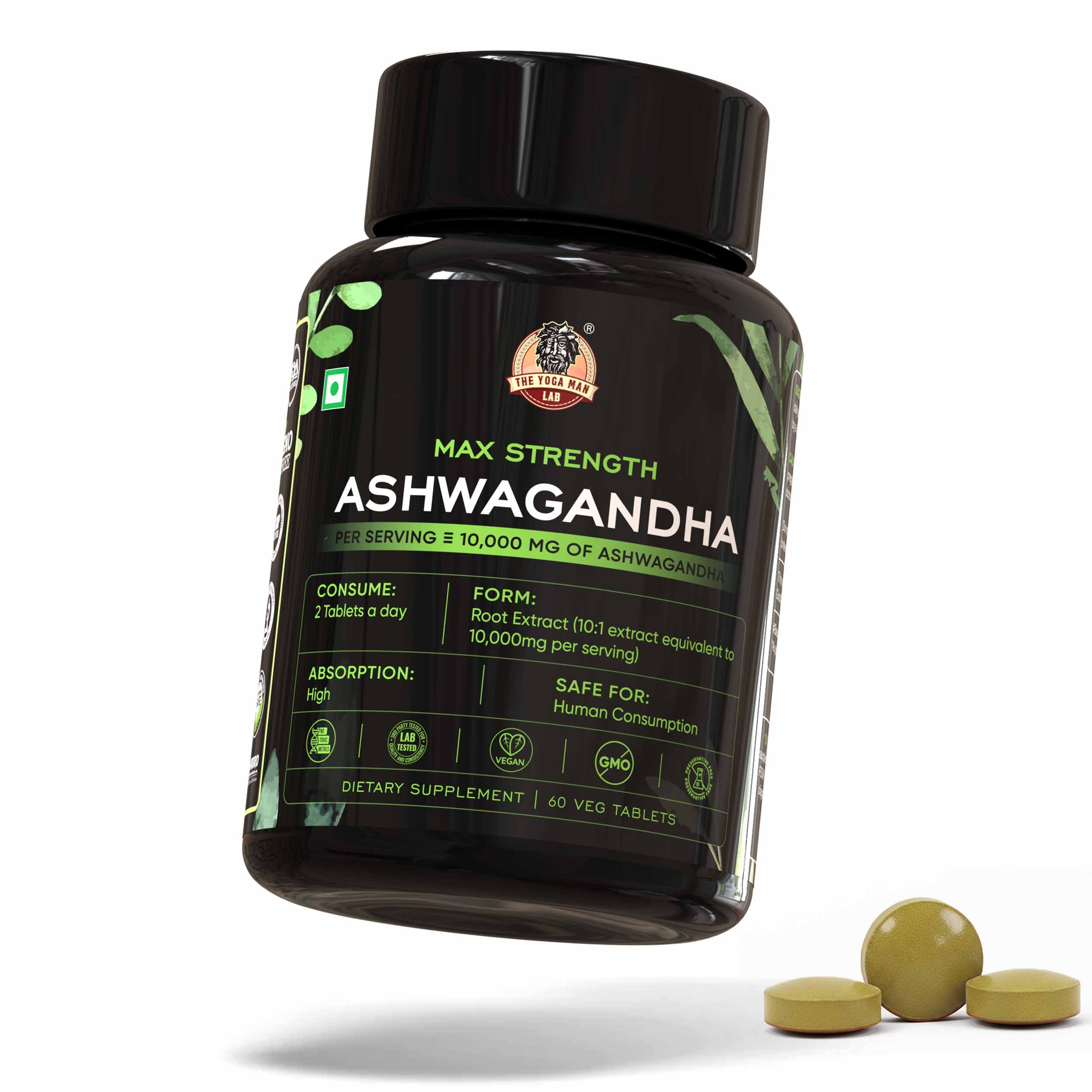YogaManLab® Ashwagandha Tablets – High in Withanolides 100%, Lab Certified, Pesticide Free - For Testo Boost & Stress Relief - 60 Tablets Main image