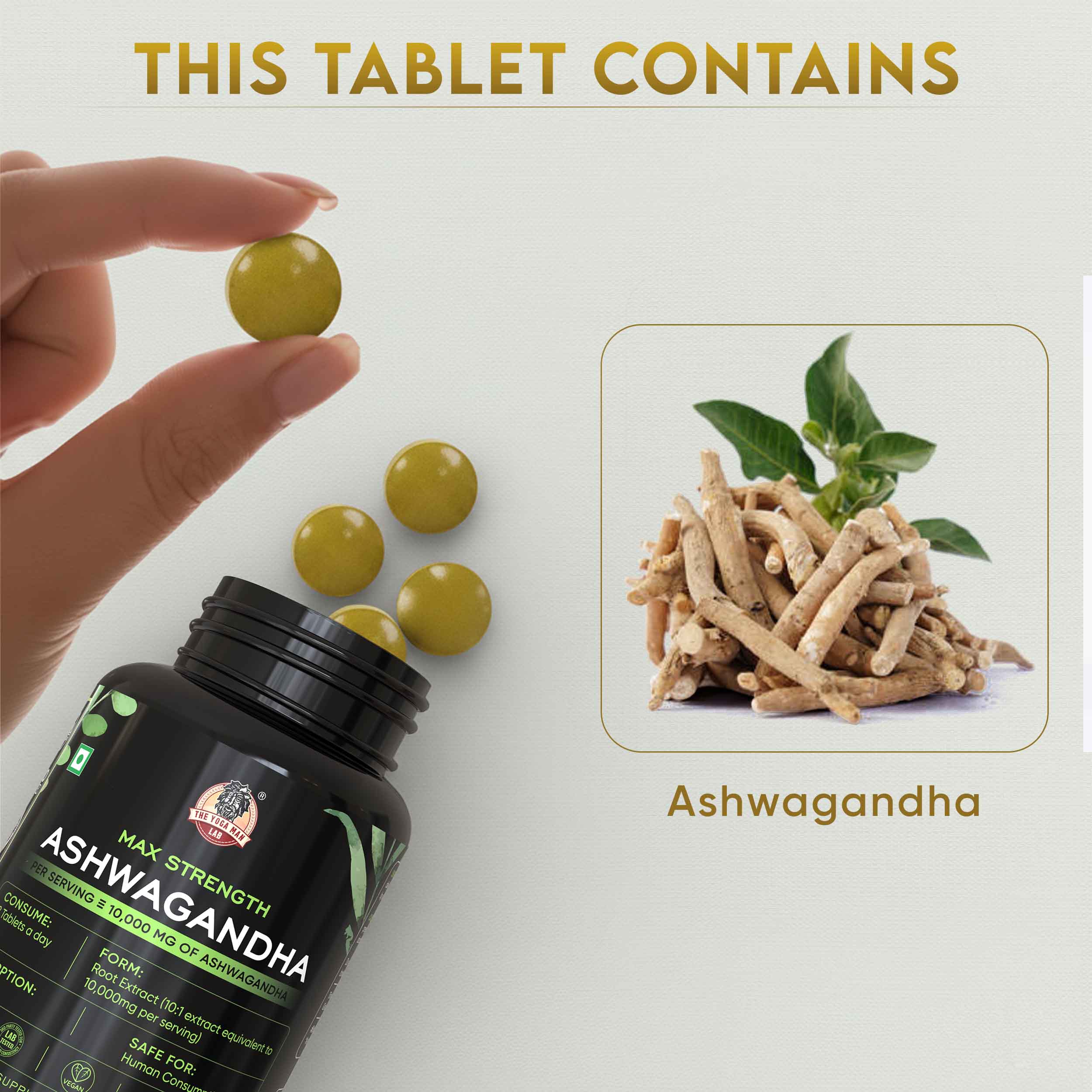 YogaManLab® Ashwagandha Tablets – High in Withanolides 100%, Lab Certified, Pesticide Free - For Testo Boost & Stress Relief - 60 Tablets Secondary image