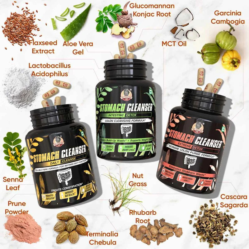 YogaManLab® STOMACH CLEANSER KIT- Extreme Purge + Intestine Detox + Daily Fiber Cleanse (3 Ayurvedic Supplements) | Probiotic Soluble Fiber Formula For Smooth Bowel Movement | 100% Natural