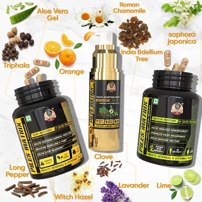 YogaManLab® PILES MATRIX - Ayurvedic Medicines for Piles Home Treatment | With Capsules, Lepam & Diet Booklet | Relives Pain & Itching, Shrinks Mass, & Treats Constipation | 100% Natural