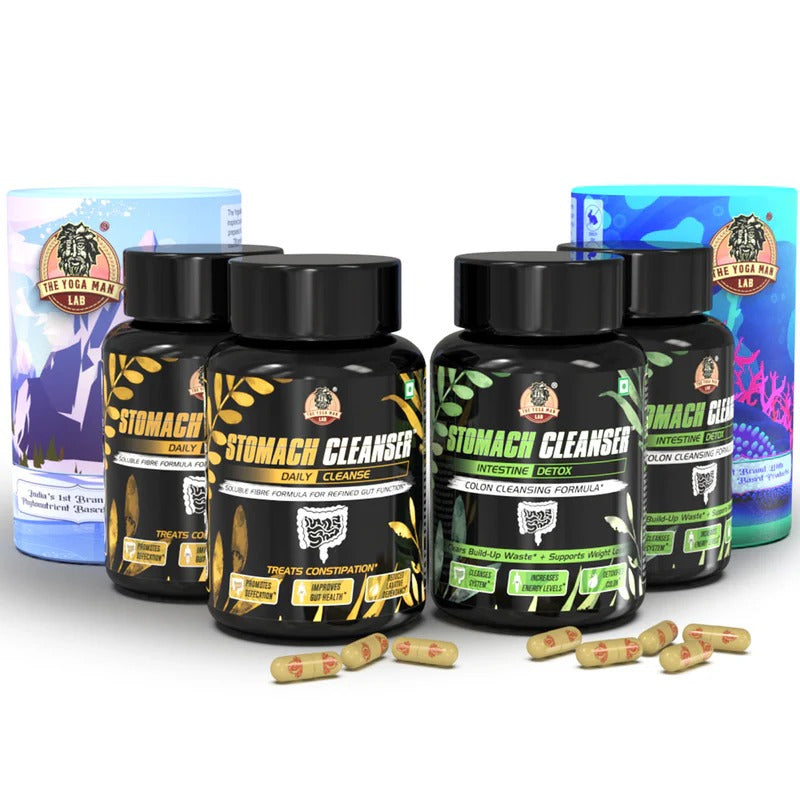 YogaManLab® STOMACH CLEANSER KIT- Intestine Detox + Daily Fiber Cleanse (2 Ayurvedic Supplements) | Probiotic Soluble Fiber Formula For Smooth Bowel Movement | 100% Natural