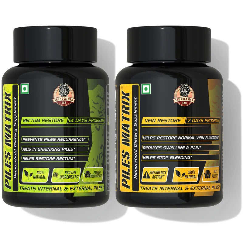 YogaManLab® PILES MATRIX - Vein Restore + Rectum Restore Ayurvedic Supplements + Herbal Remedies Diet Booklet | Relives Pain & Shrinks Mass | 100% Natural