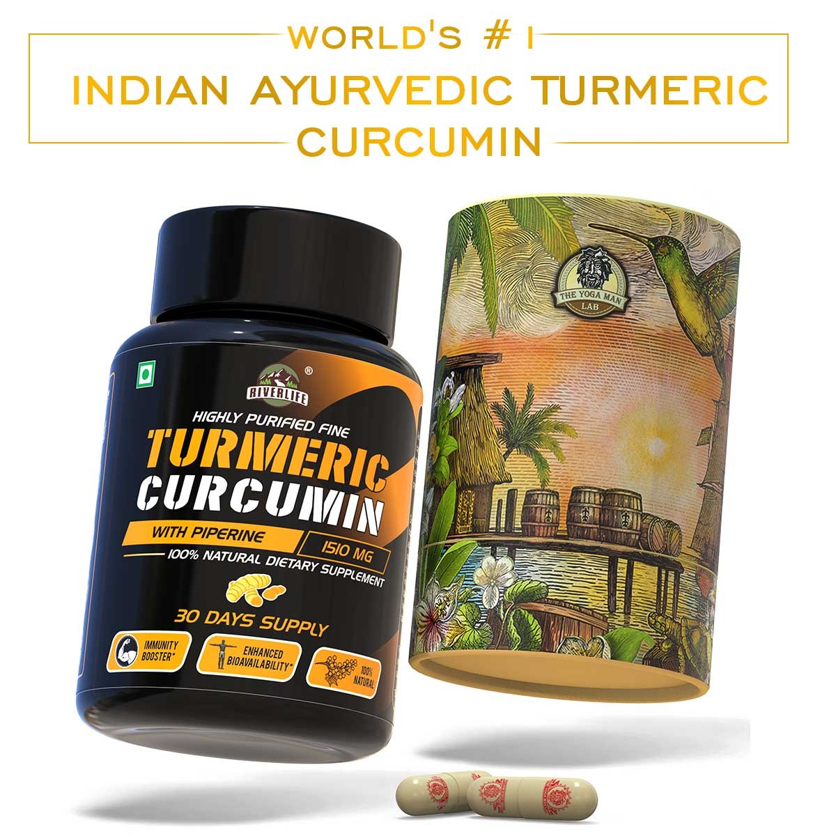 YogaManLab® Ayurvedic Turmeric Curcumin With Raw Turmeric, 95% Curcuminoids and Black Pepper | For Joint & Healthy Inflammatory Support | 100% Natural & Indian Main image