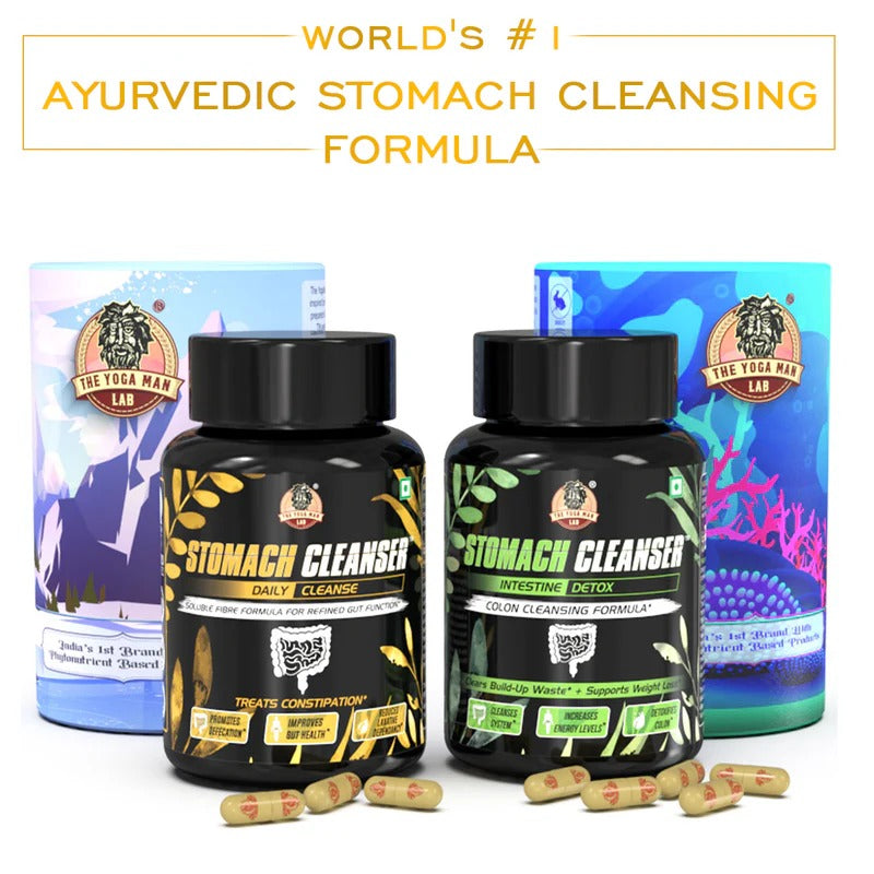 YogaManLab® STOMACH CLEANSER KIT- Intestine Detox + Daily Fiber Cleanse (2 Ayurvedic Supplements) | Probiotic Soluble Fiber Formula For Smooth Bowel Movement | 100% Natural
