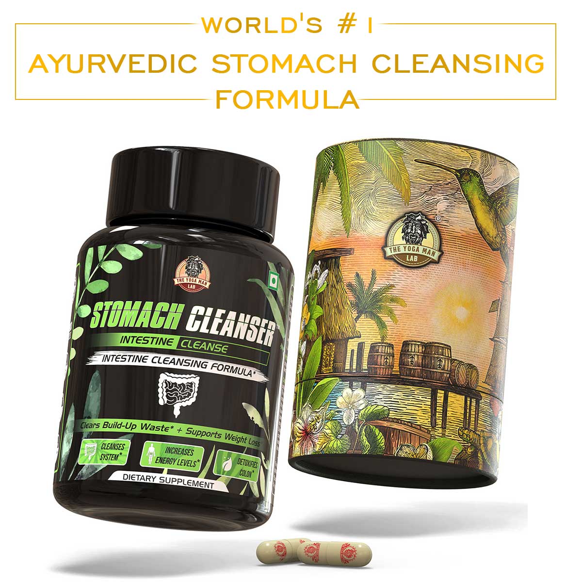 YogaManLab® Stomach Cleanser & Detox Capsules - Constipation Relief | 14-Days Detox Program To Remove Constipation & Toxins | 100% Natural with Probiotics